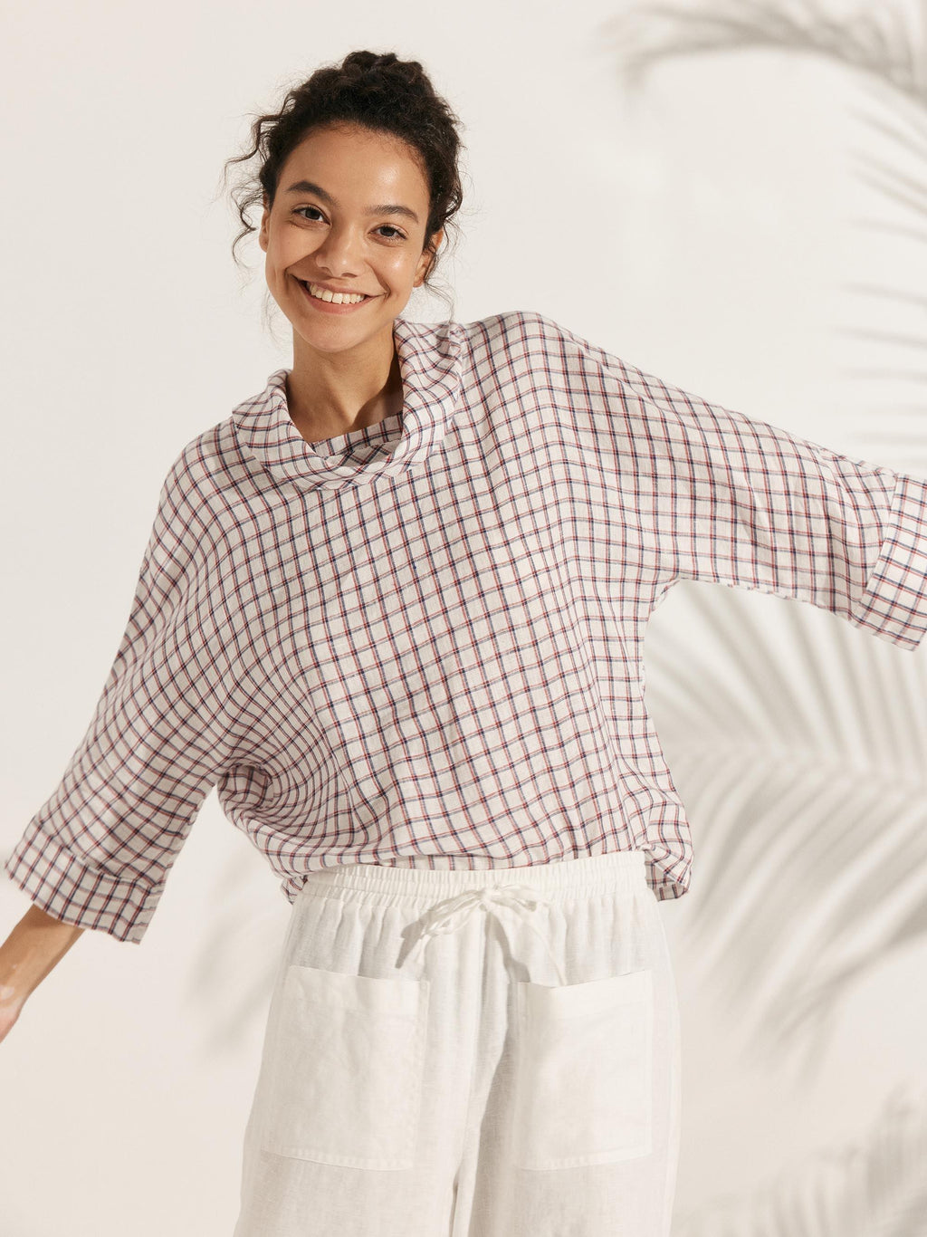 Linen-Cotton Dropped Collar Long-Sleeve Top TRISTAN