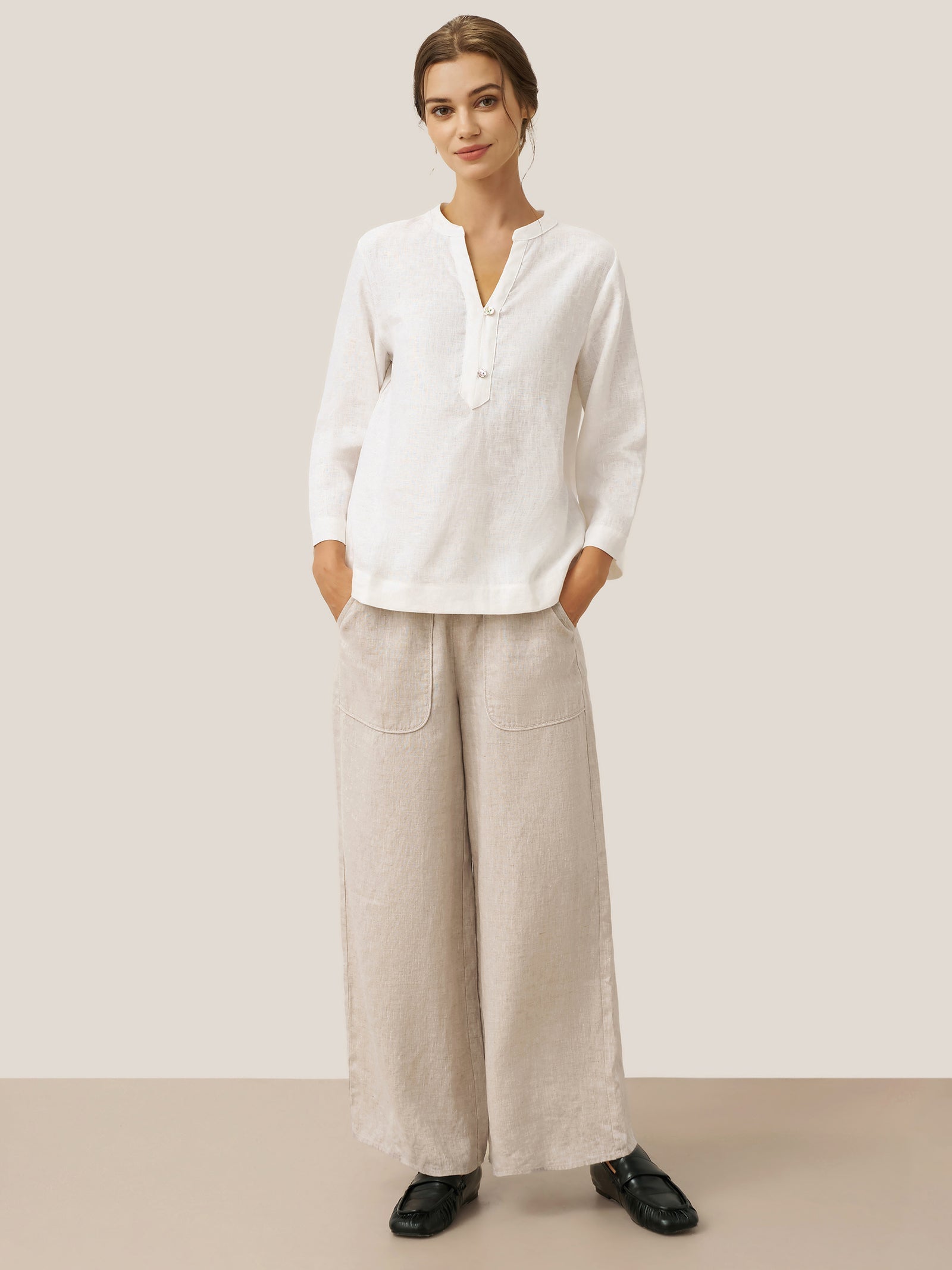 100% Linen Deep V-Neck Pullover with Button-Trim JOLYNE