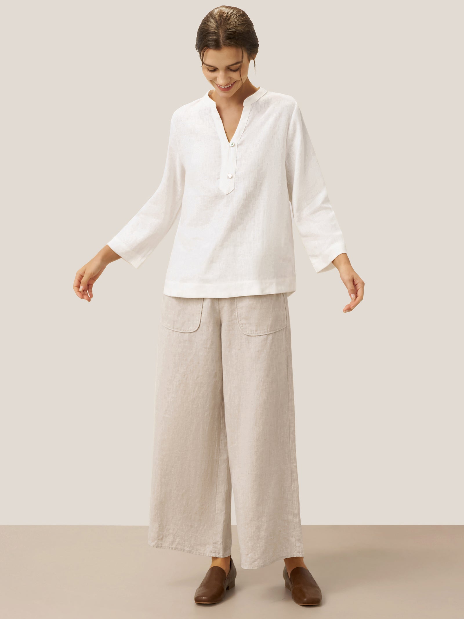 100% Linen Deep V-Neck Pullover with Button-Trim JOLYNE