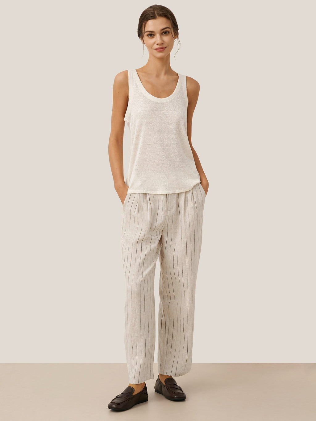 100% Linen Sketch Stripe Straight-Leg Pants ELOISE