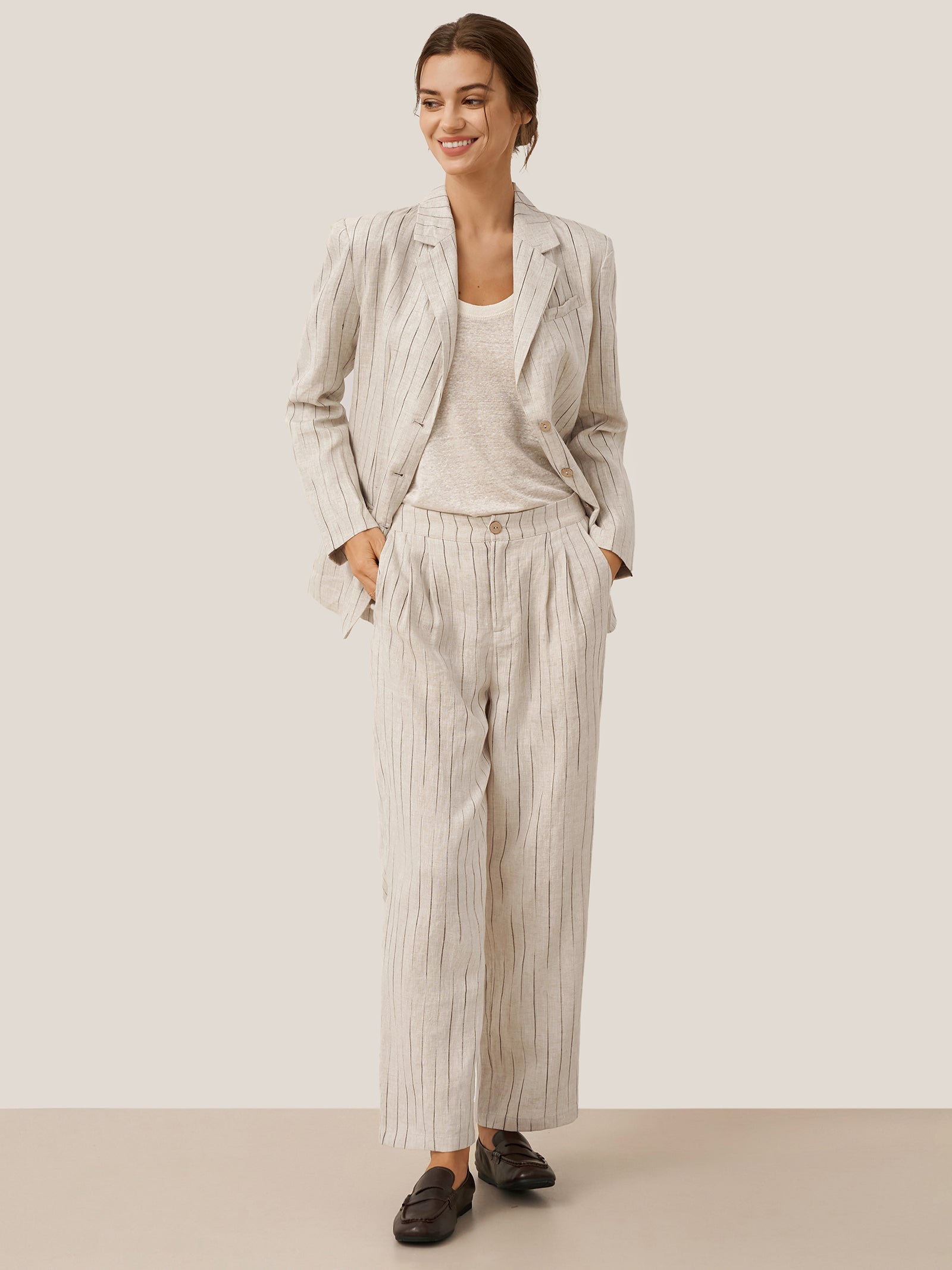100% Linen Sketch Stripe Straight-Leg Pants ELOISE