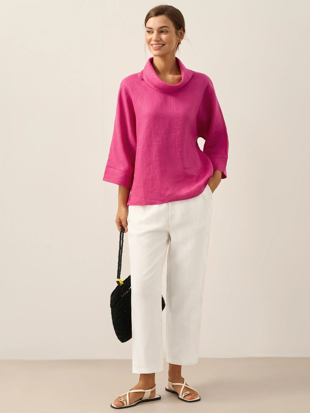 Linen-Cotton Dropped Collar Long-Sleeve Top TRISTAN