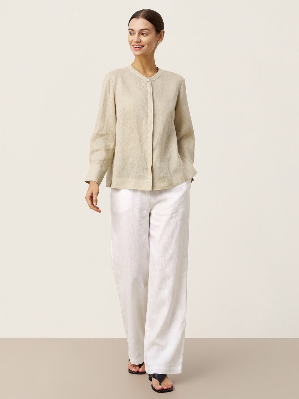 100% Linen Hidden Button Crew Neck Shirt INES