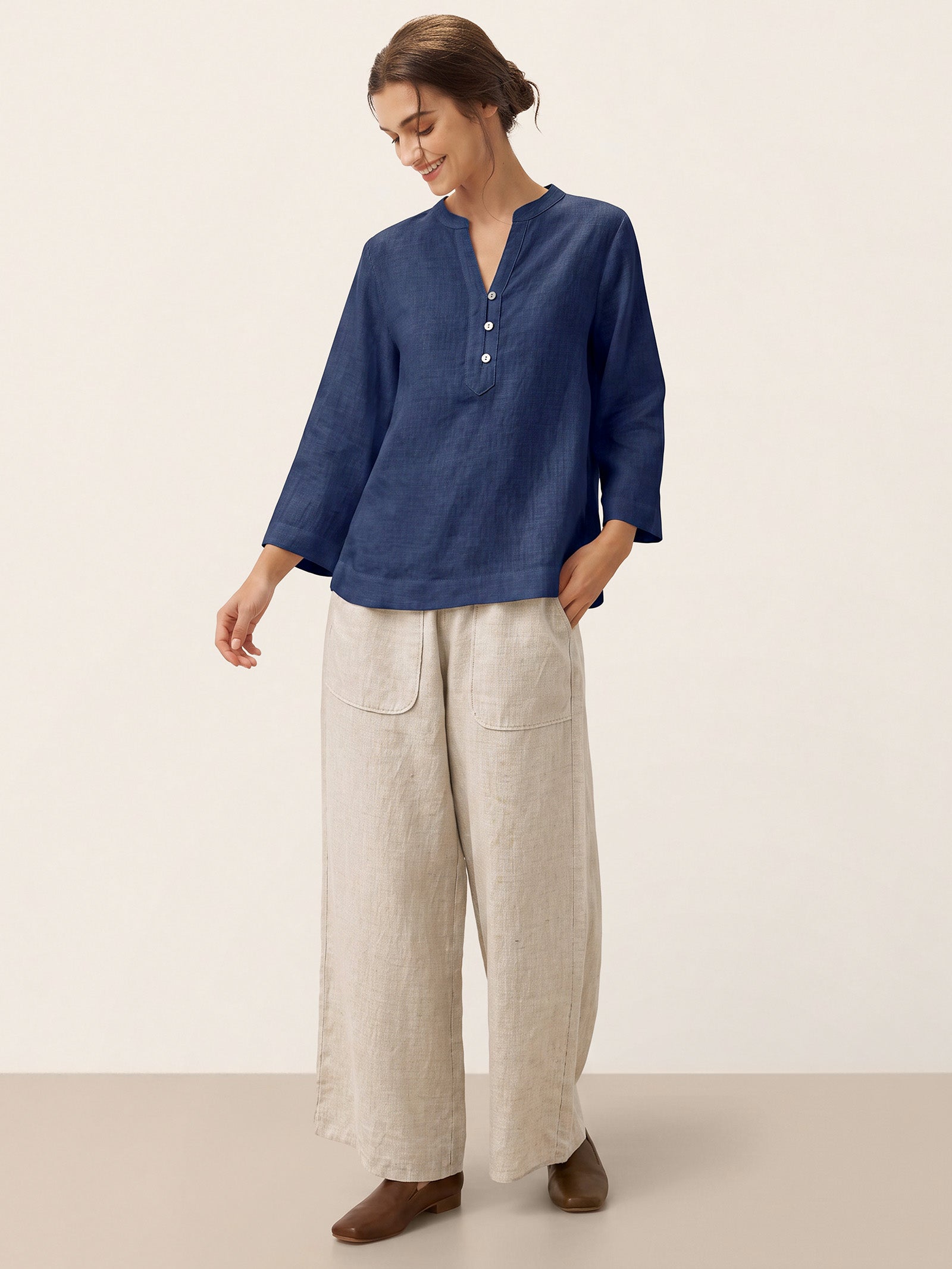 100% Linen Deep V-Neck Pullover with Button-Trim JOLYNE