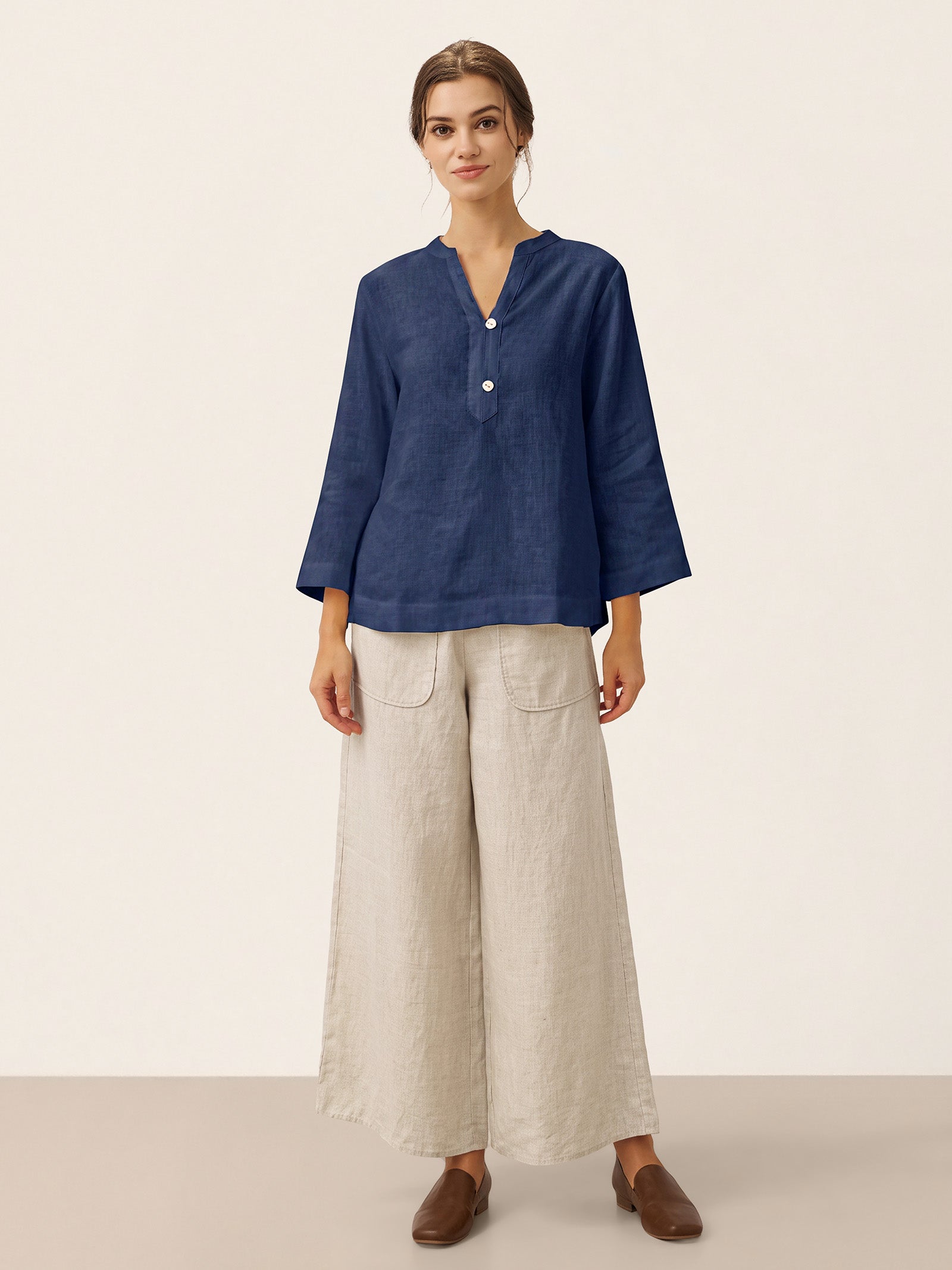 100% Linen Deep V-Neck Pullover with Button-Trim JOLYNE