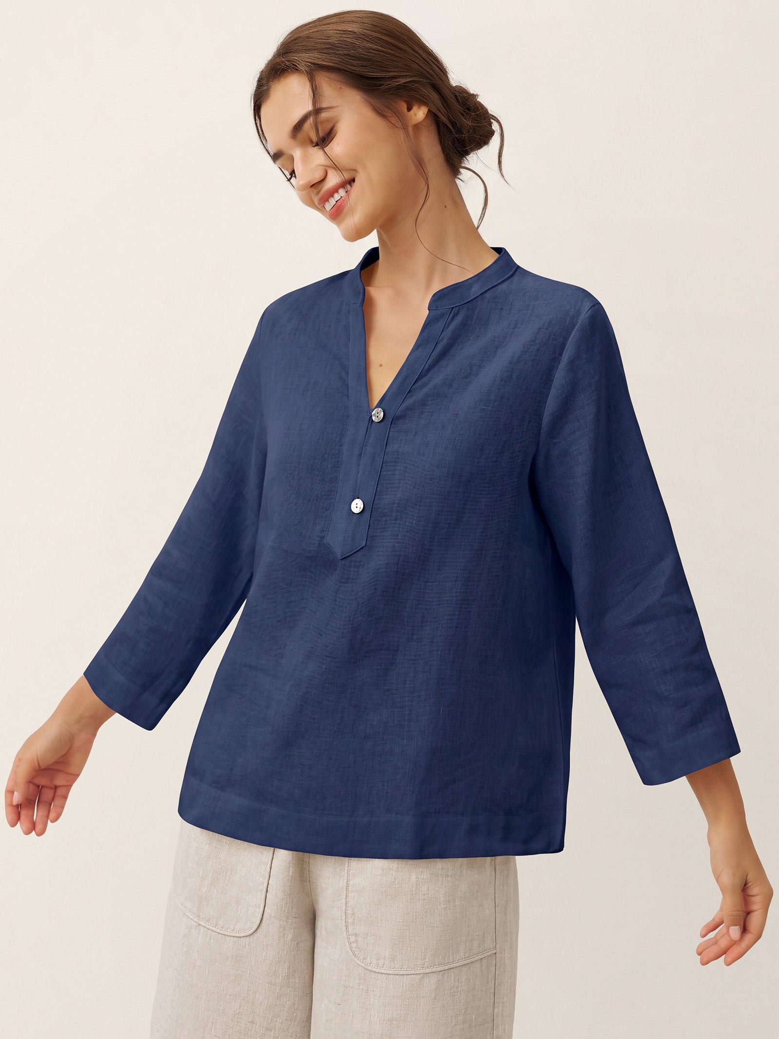 100% Linen Deep V-Neck Pullover with Button-Trim JOLYNE