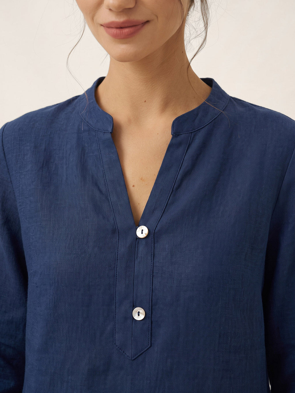 100% Linen Deep V-Neck Pullover with Button-Trim JOLYNE