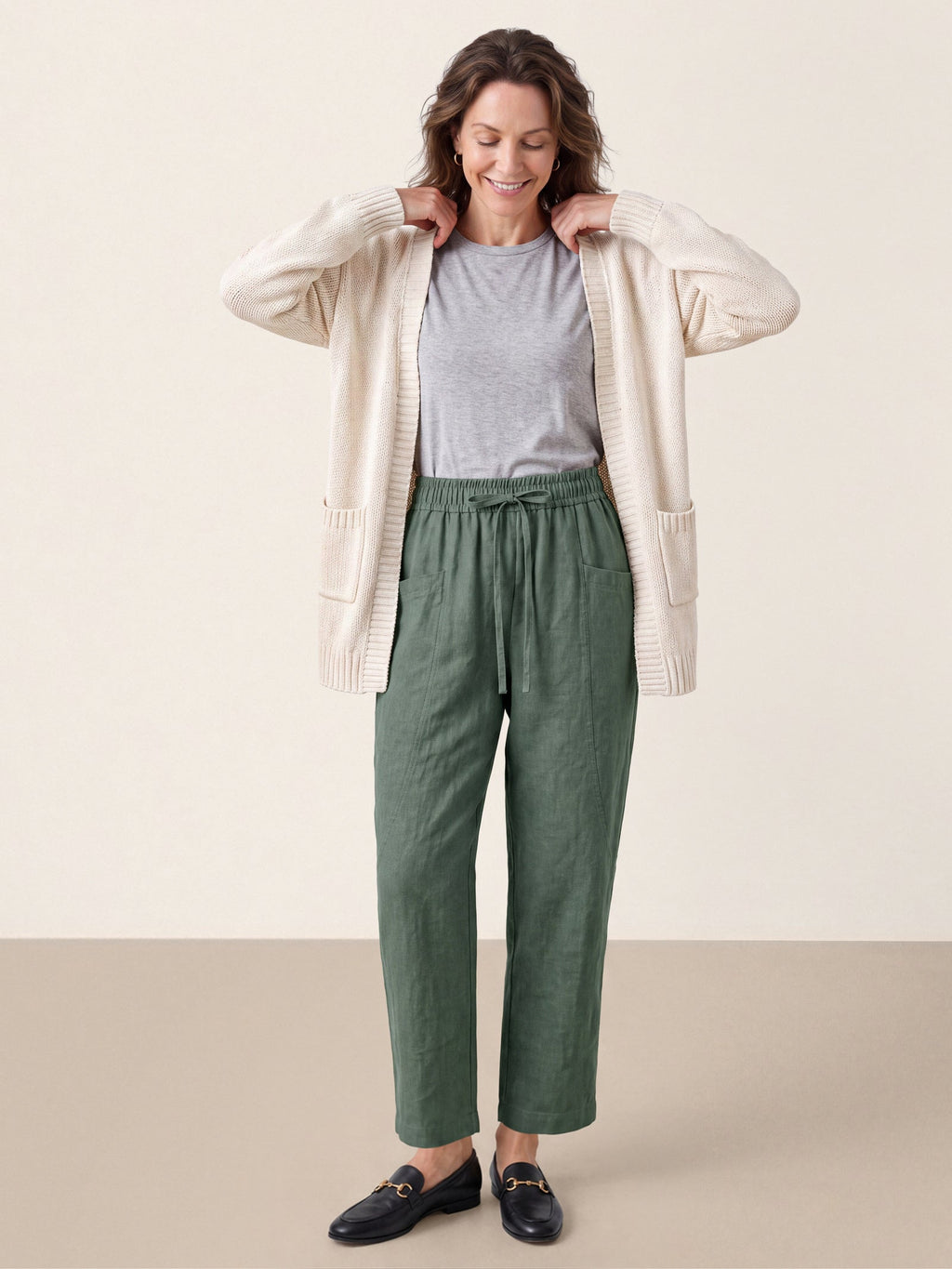 100% Linen Drawstring Utility Ankle Pants AMELINE