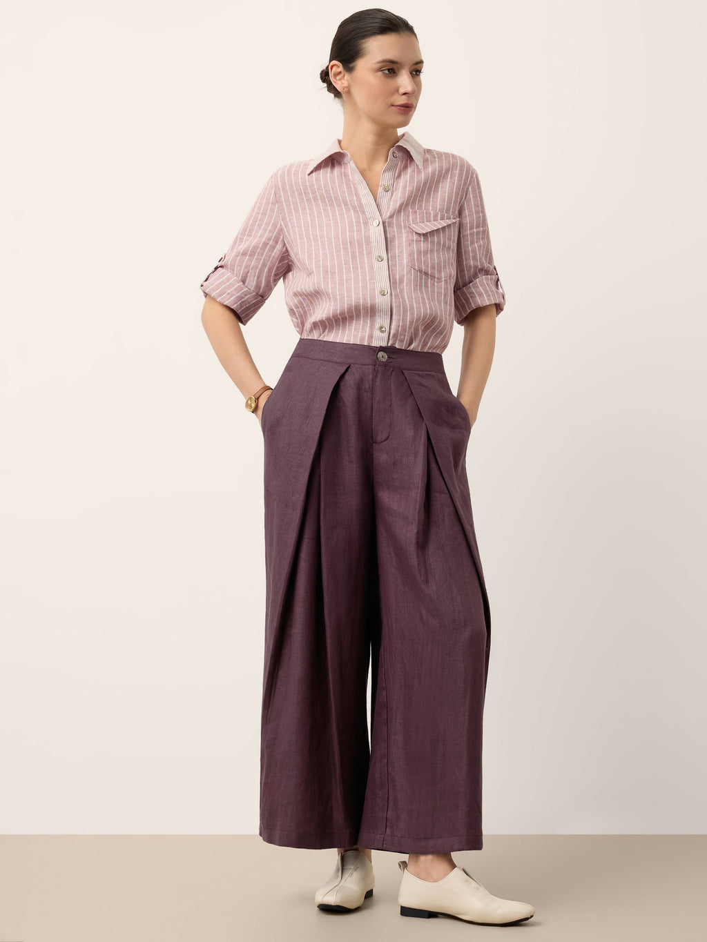 100% Linen Yarn Dyed Pleated Elastic Waist Wide Leg Culottes PALOMA