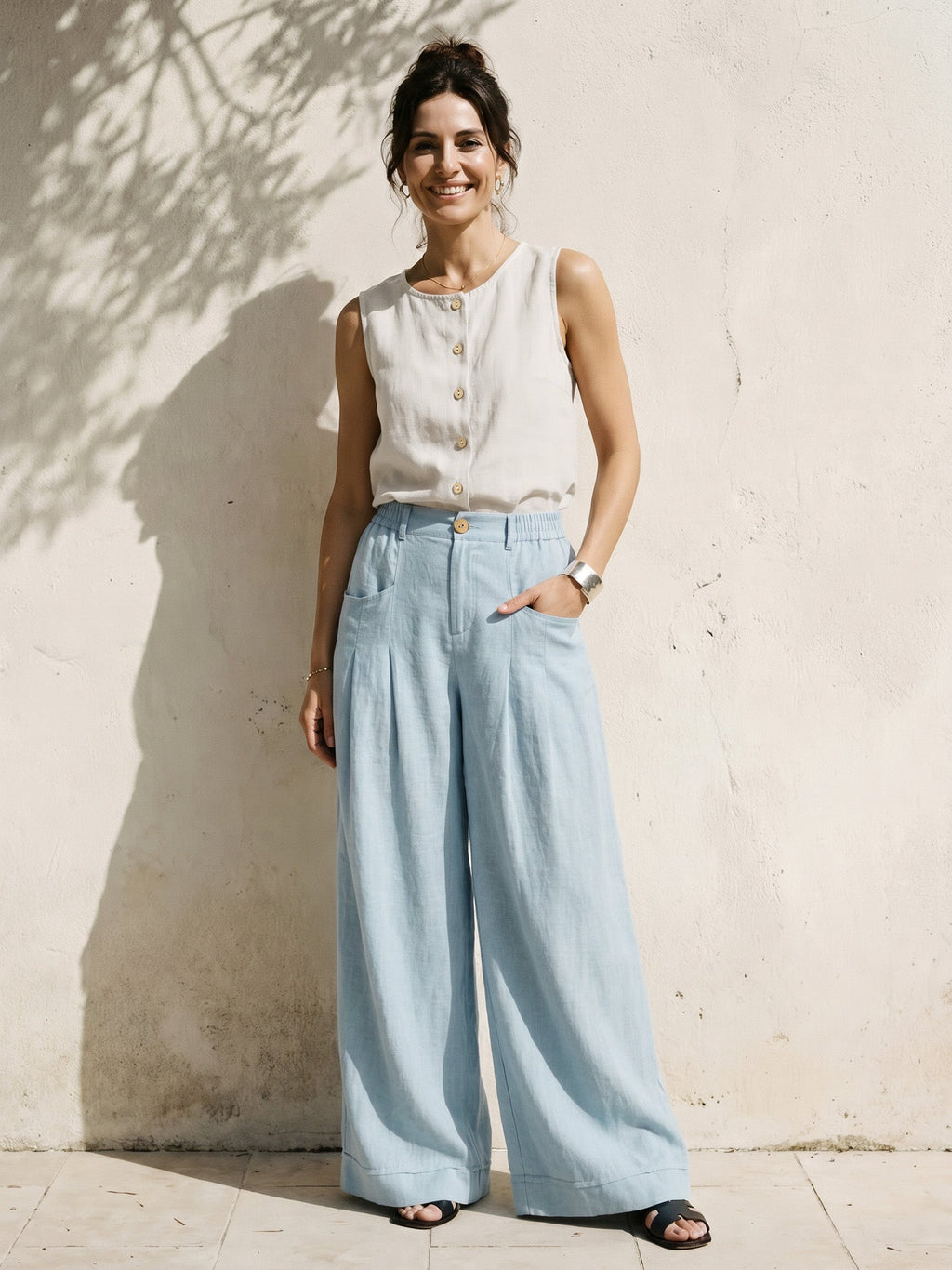 100% Linen Sculpted Pleat Elasticated Back Relaxed Pants VERIDIANA
