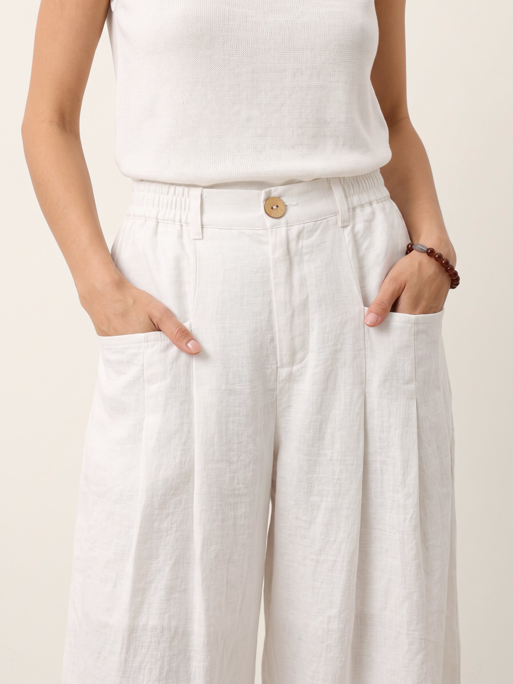 100% Linen Sculpted Pleat Elasticated Back Relaxed Pants VERIDIANA