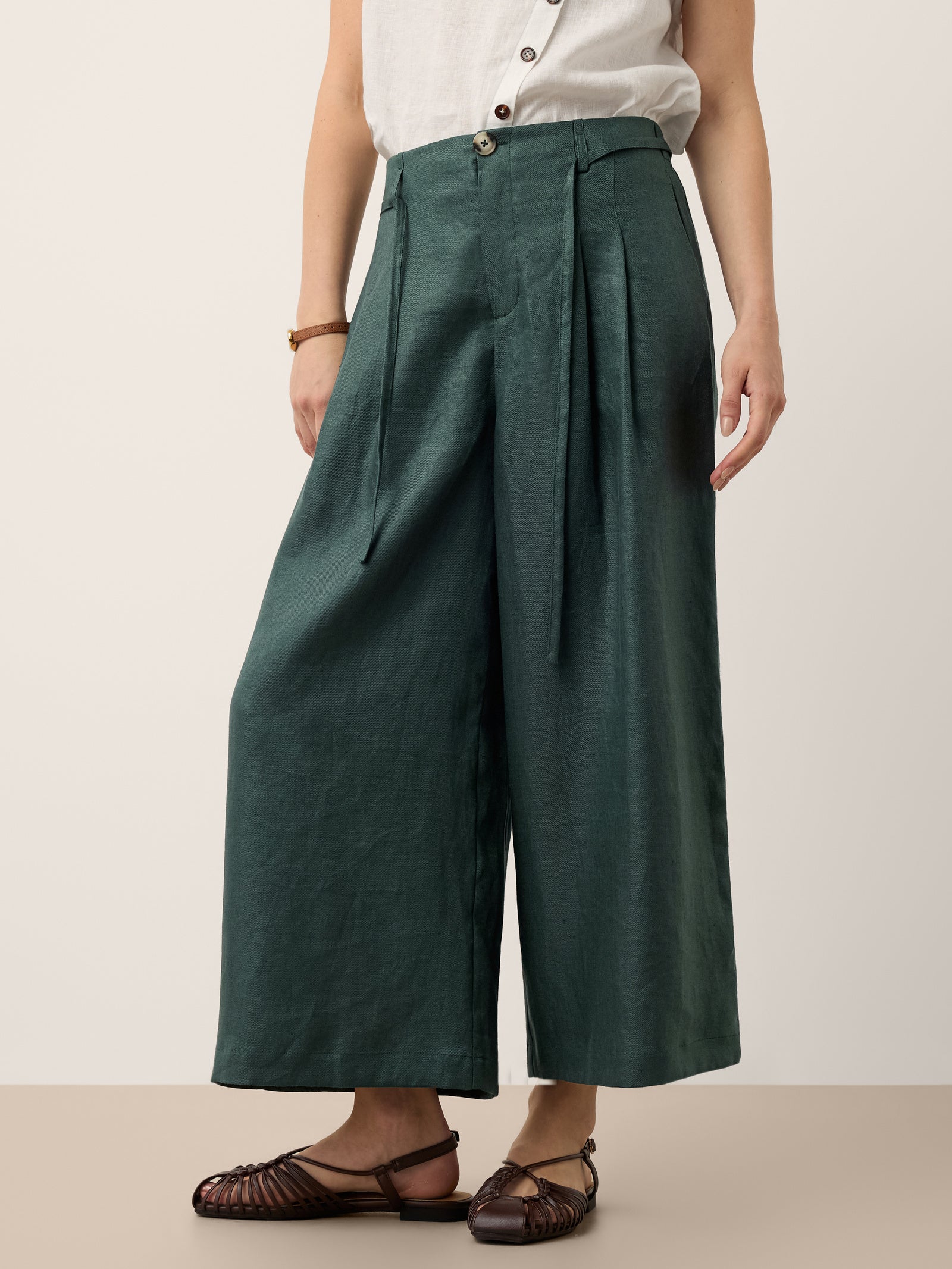 100% Linen Side Tie Elasticated Waist Wide Leg Cropped Pants CAMILLA