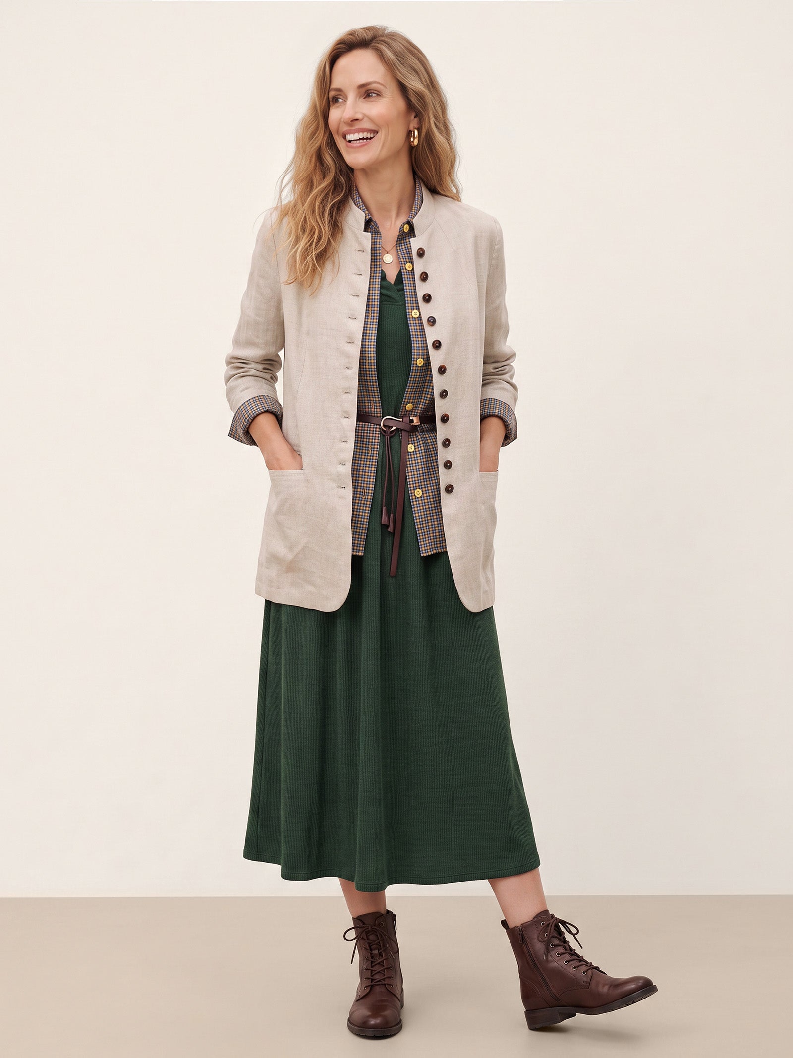 100% Linen Stand Collar Princess Seam Jacket ALIDA