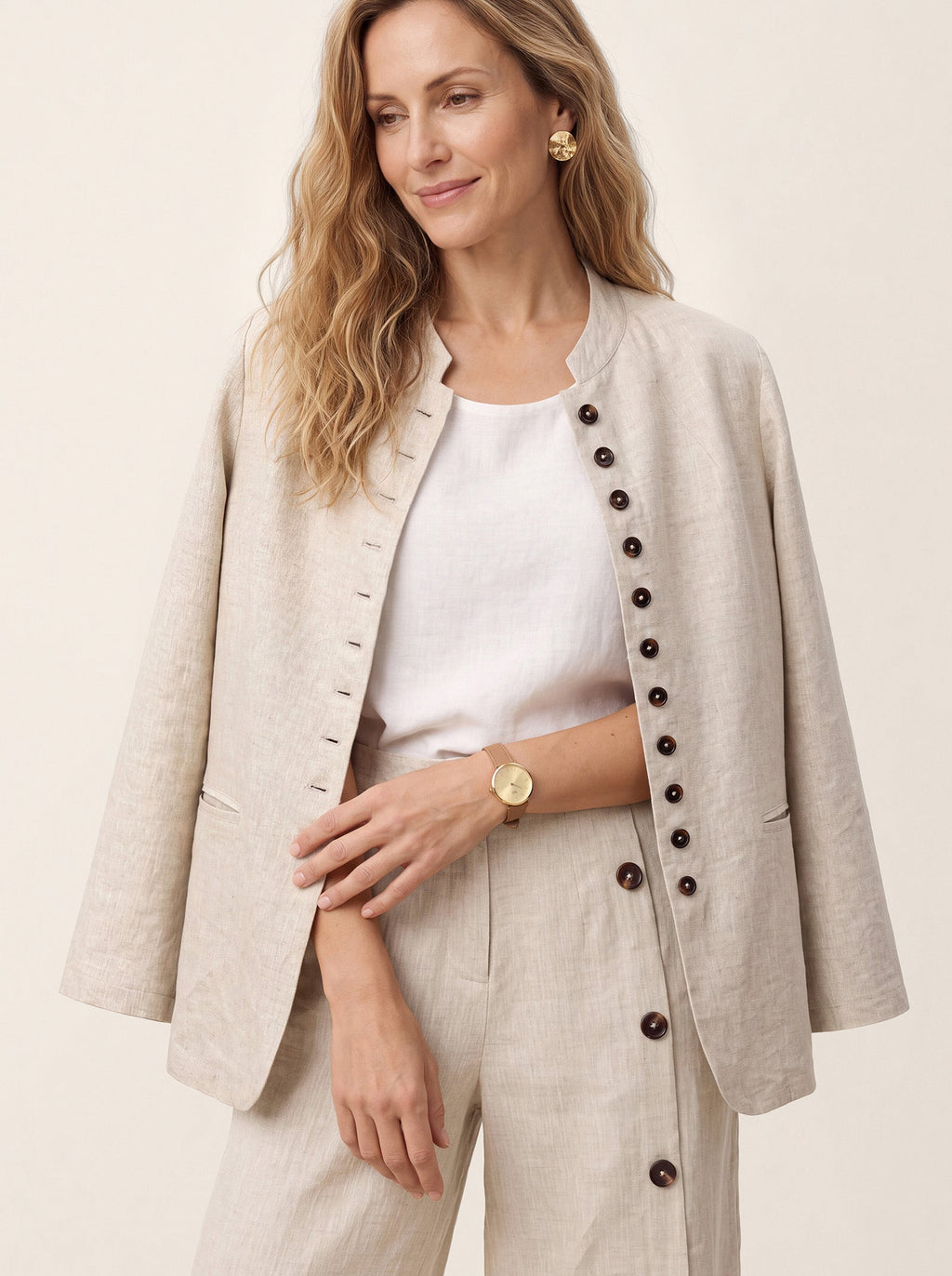 100% Linen Stand Collar Princess Seam Jacket ALIDA