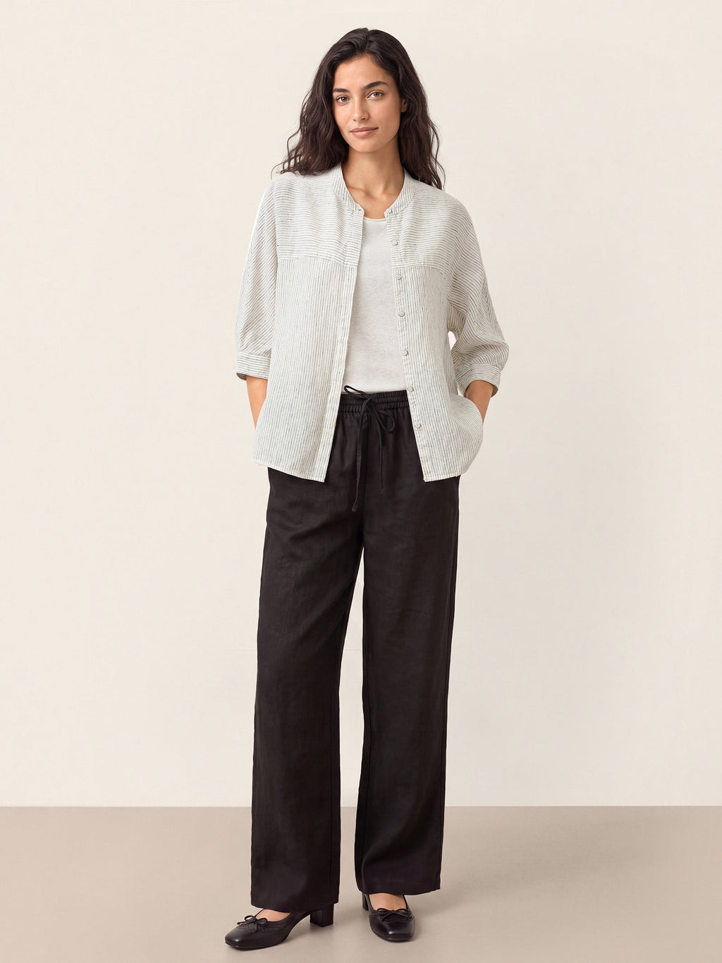 100% Linen Striped Three-Quarter Sleeve Shirt SKYLAR