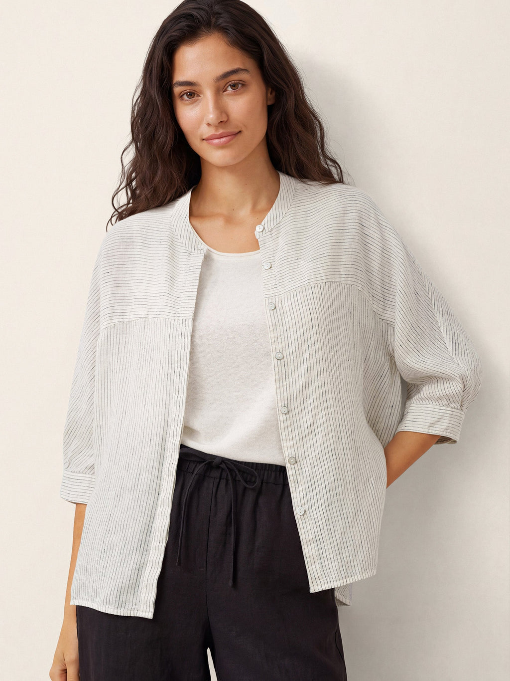 100% Linen Striped Three-Quarter Sleeve Shirt SKYLAR