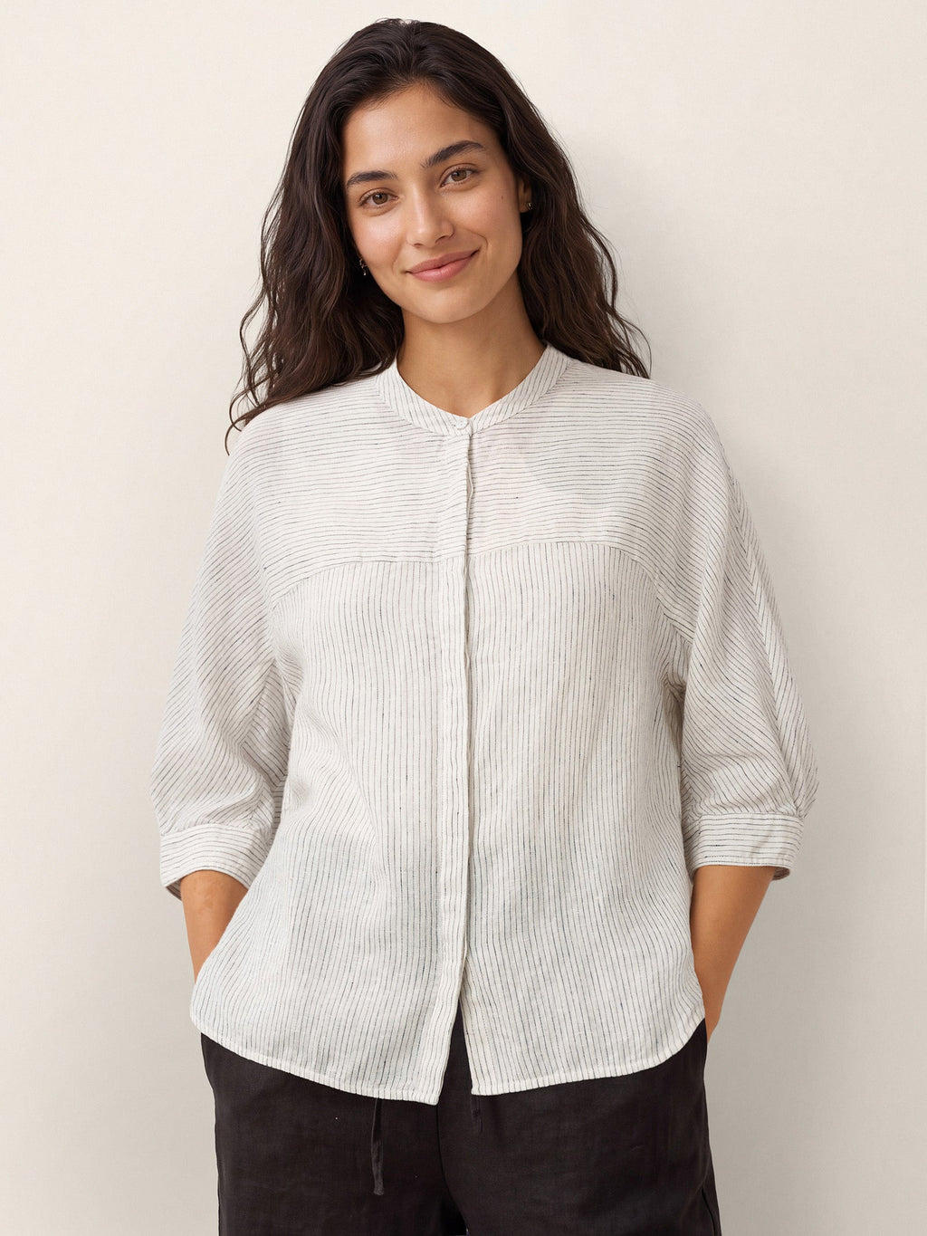 100% Linen Striped Three-Quarter Sleeve Shirt SKYLAR