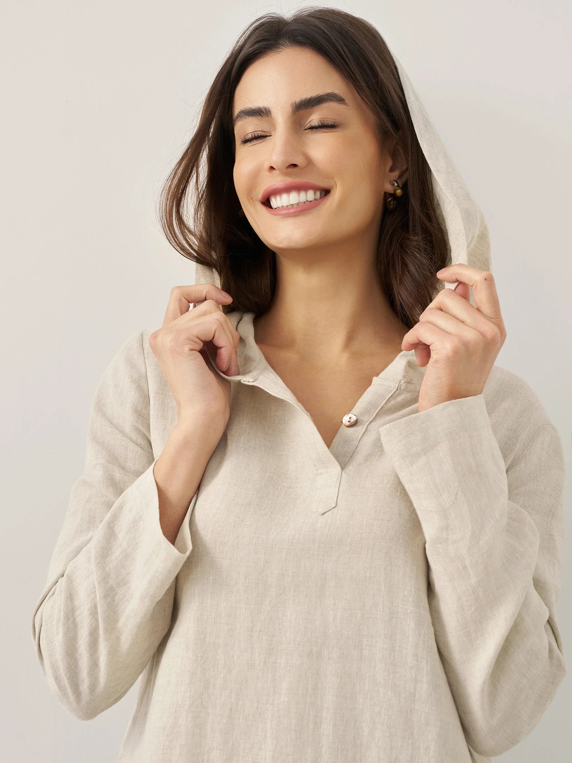 100% Linen Hooded Pullover Maxi Dress REBECCA