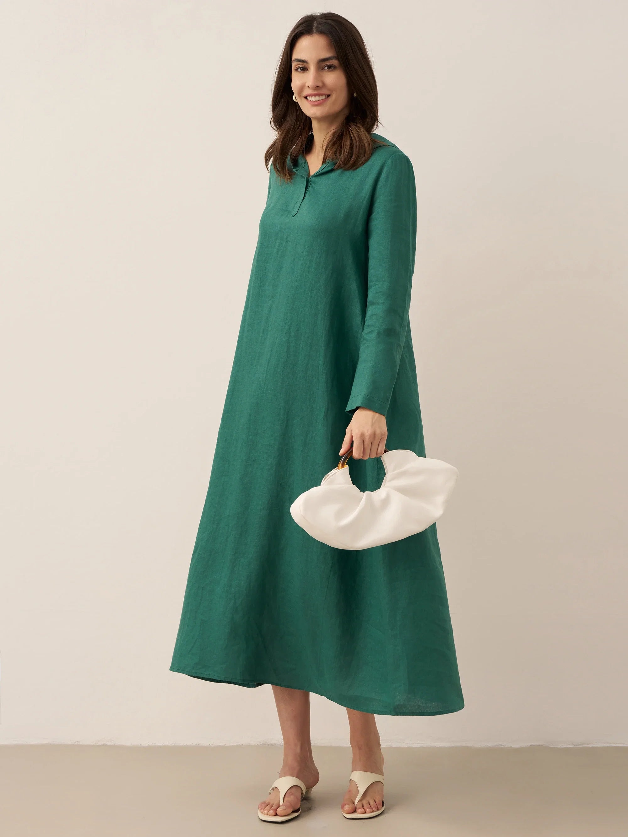 100% Linen Hooded Pullover Maxi Dress REBECCA
