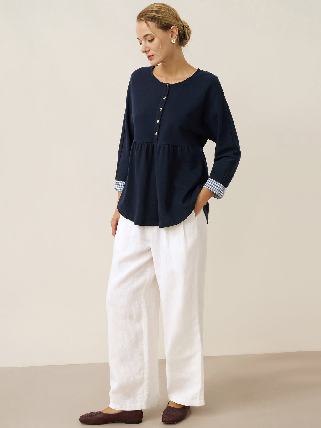 Organic Cotton Patchwork Cuff Button Decor Top AUDREY