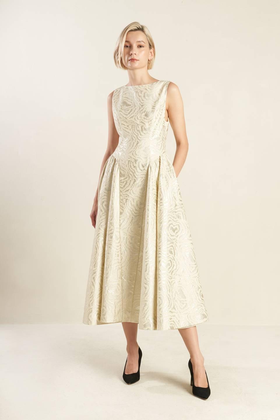 CHECK YOURSELF CHAMPAGNE WOVEN MIDI DRESS