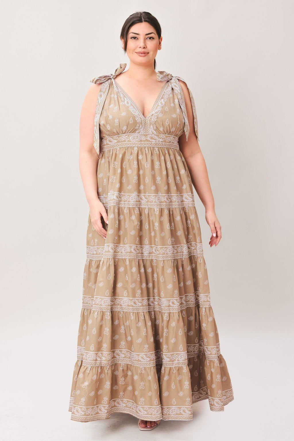 CUDDLY ATTITUDE TAUPE WOVEN MAXI DRESS