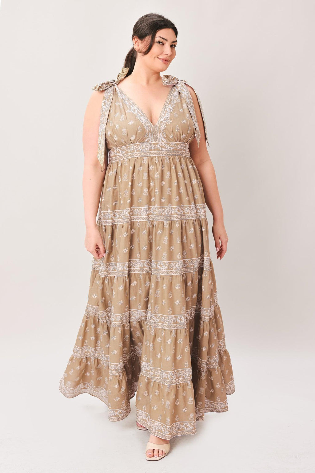 CUDDLY ATTITUDE TAUPE WOVEN MAXI DRESS