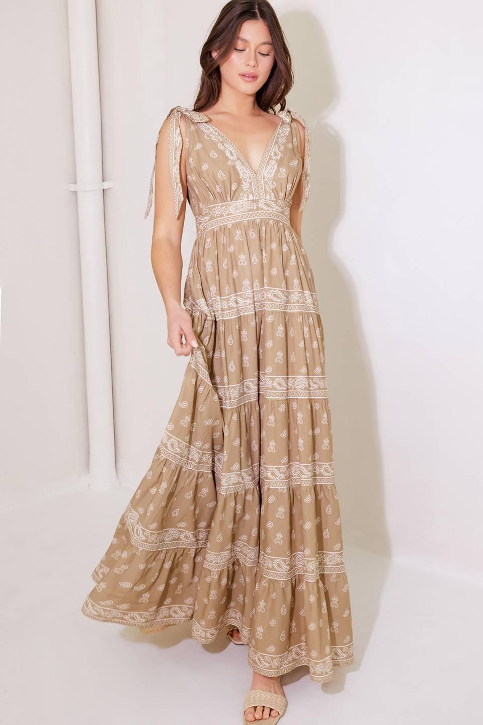 CUDDLY ATTITUDE TAUPE WOVEN MAXI DRESS