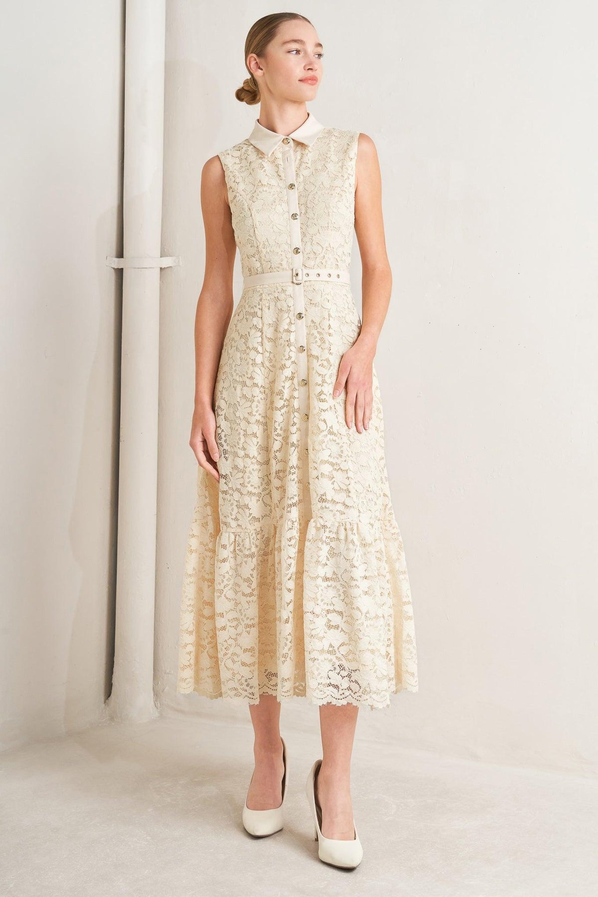 PURELY ROMANTIC WOVEN LACE MIDI DRESS