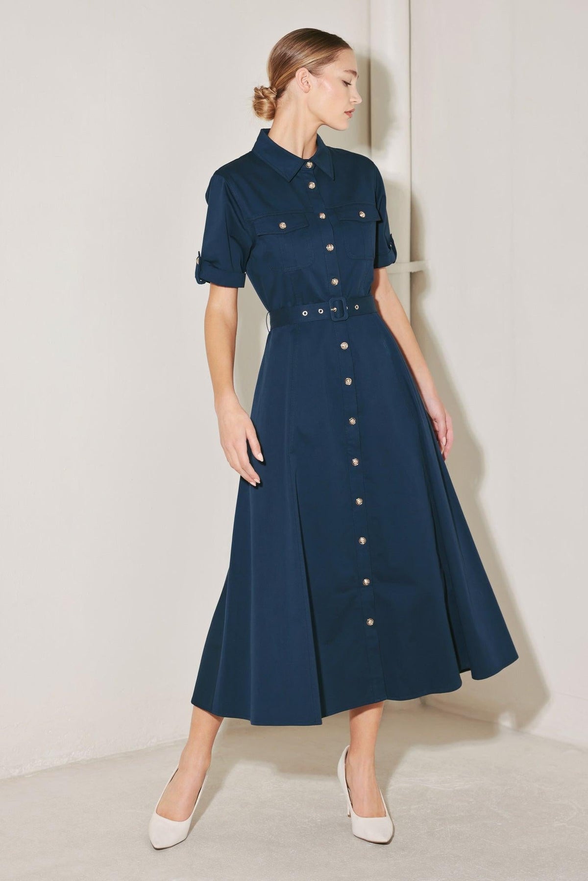 CLASSIC AUTHORITY WOVEN MIDI DRESS