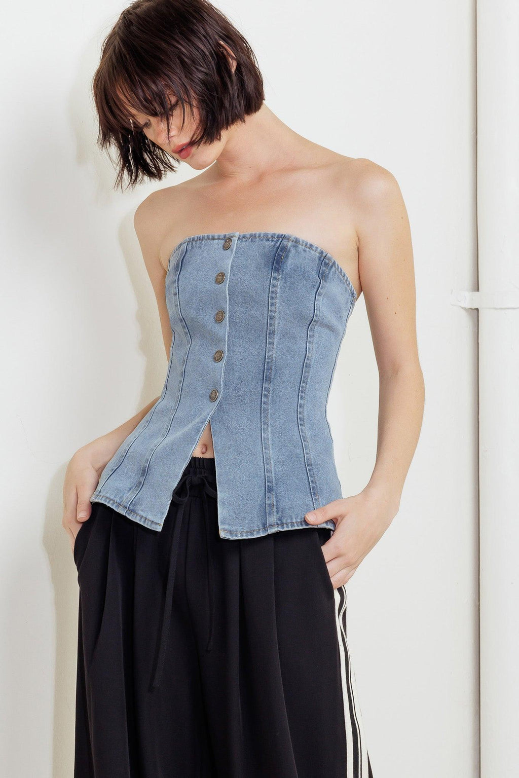 STITCHED SILHOUETTE DENIM TOP