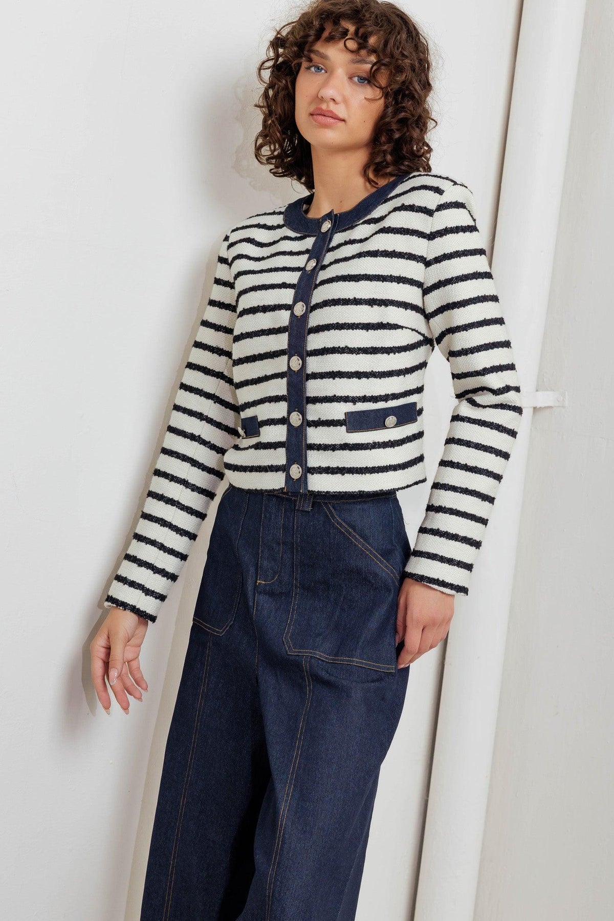 BONJOUR STRIPE WOVEN CROP JACKET
