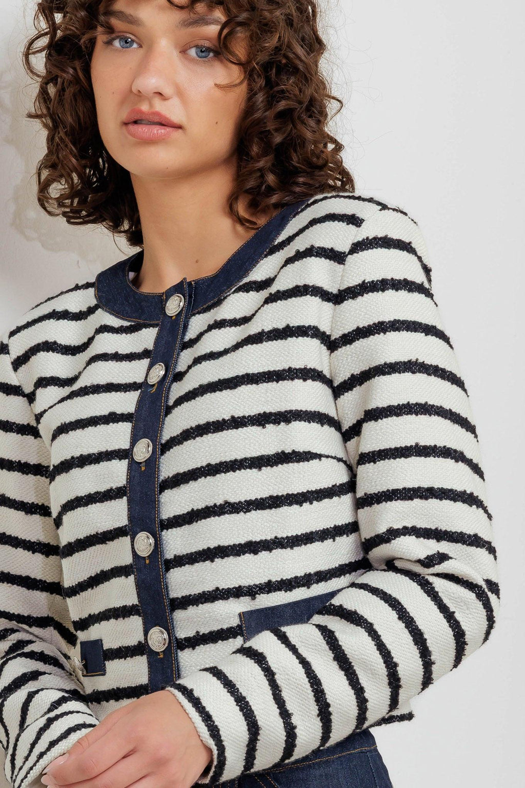 BONJOUR STRIPE WOVEN CROP JACKET