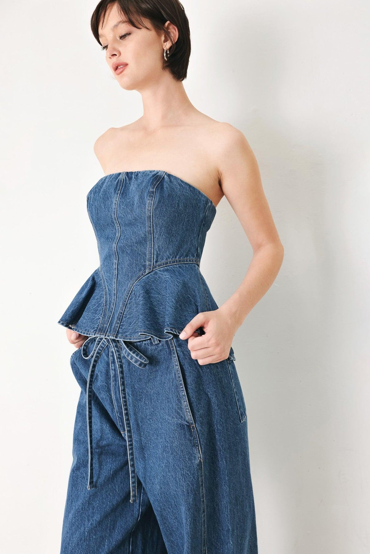 BLUE BLOSSOM BUSTIER DENIM TOP