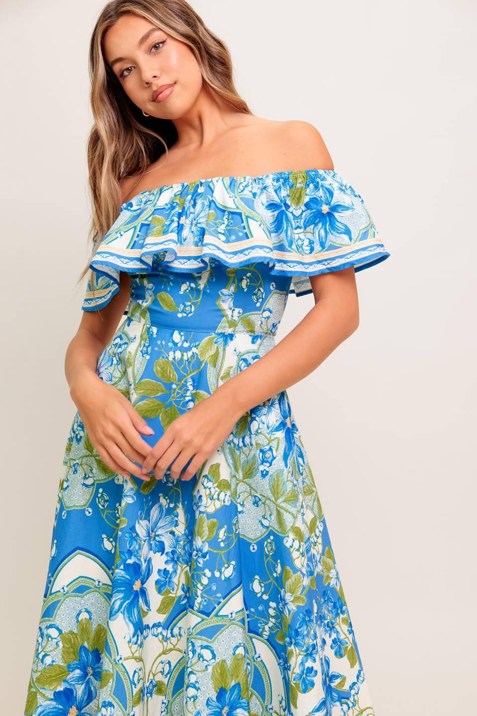 TROPICAL HAZE POWDER BLUE WOVEN MIDI DRESS