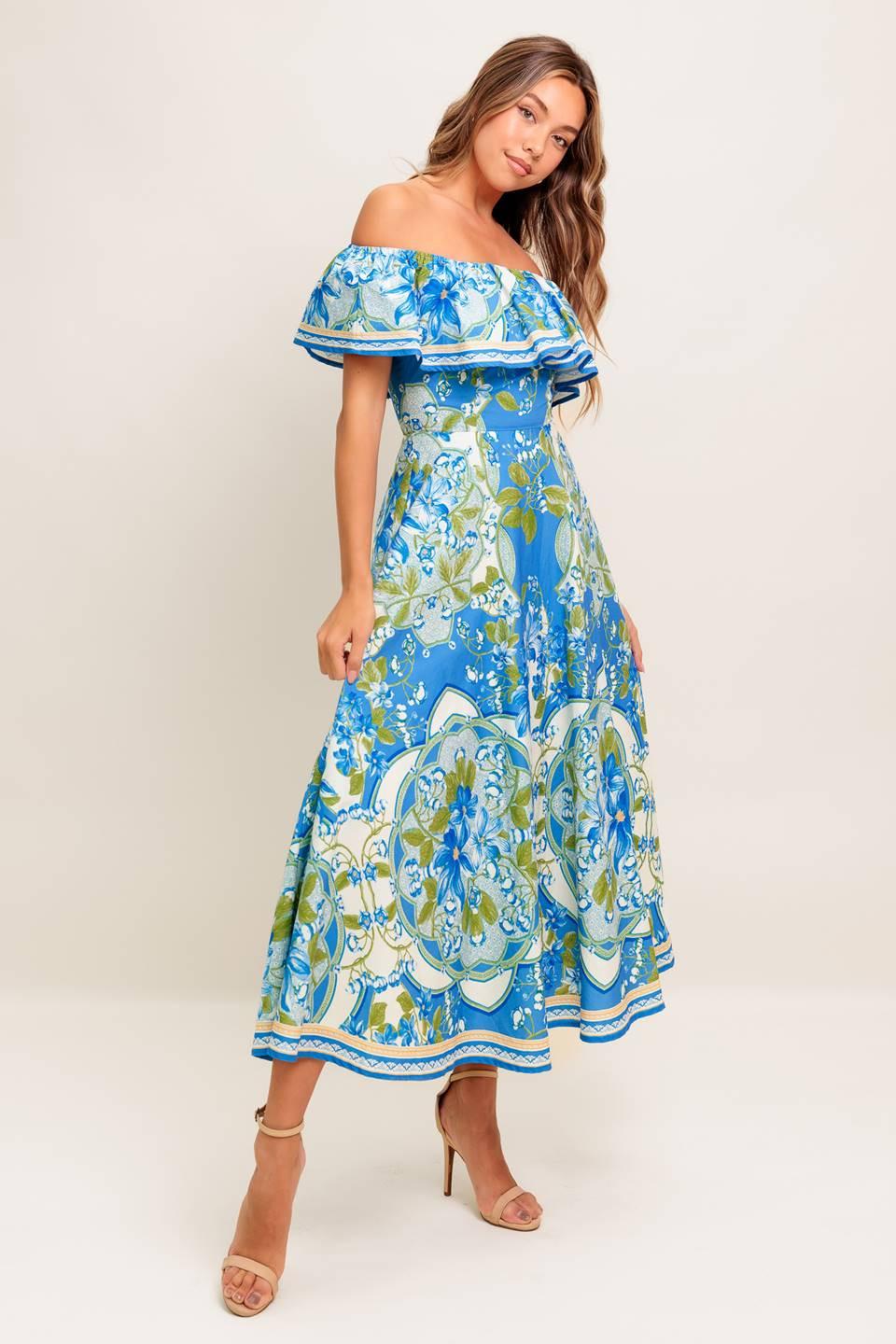 TROPICAL HAZE POWDER BLUE WOVEN MIDI DRESS