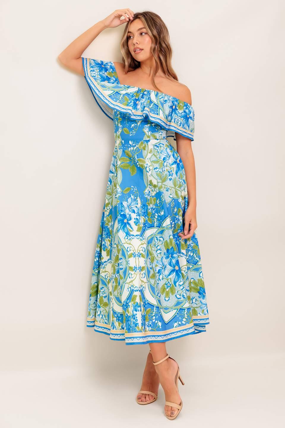 TROPICAL HAZE POWDER BLUE WOVEN MIDI DRESS