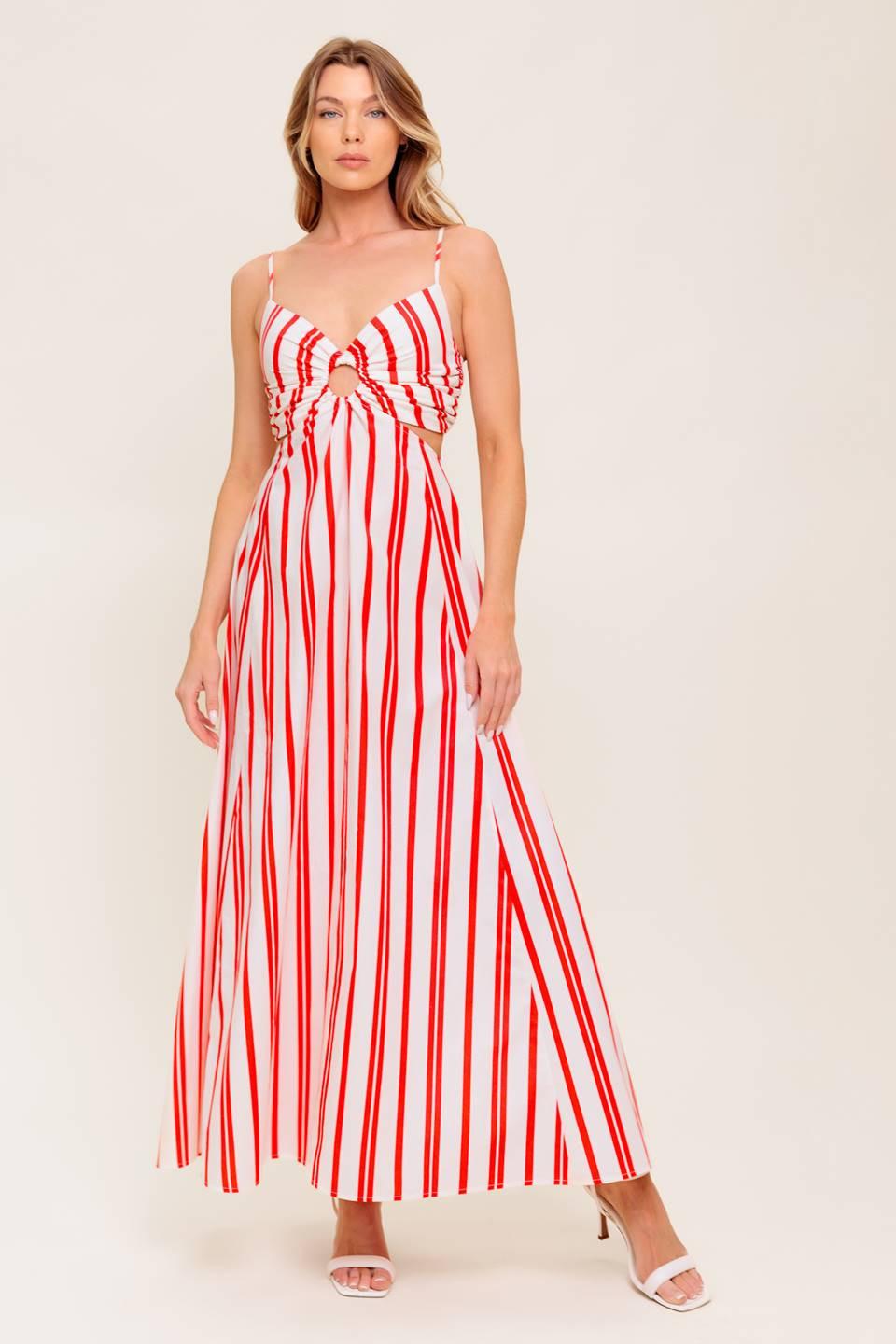 DREAM PETALS RED STRIPE WOVEN ANKLE DRESS