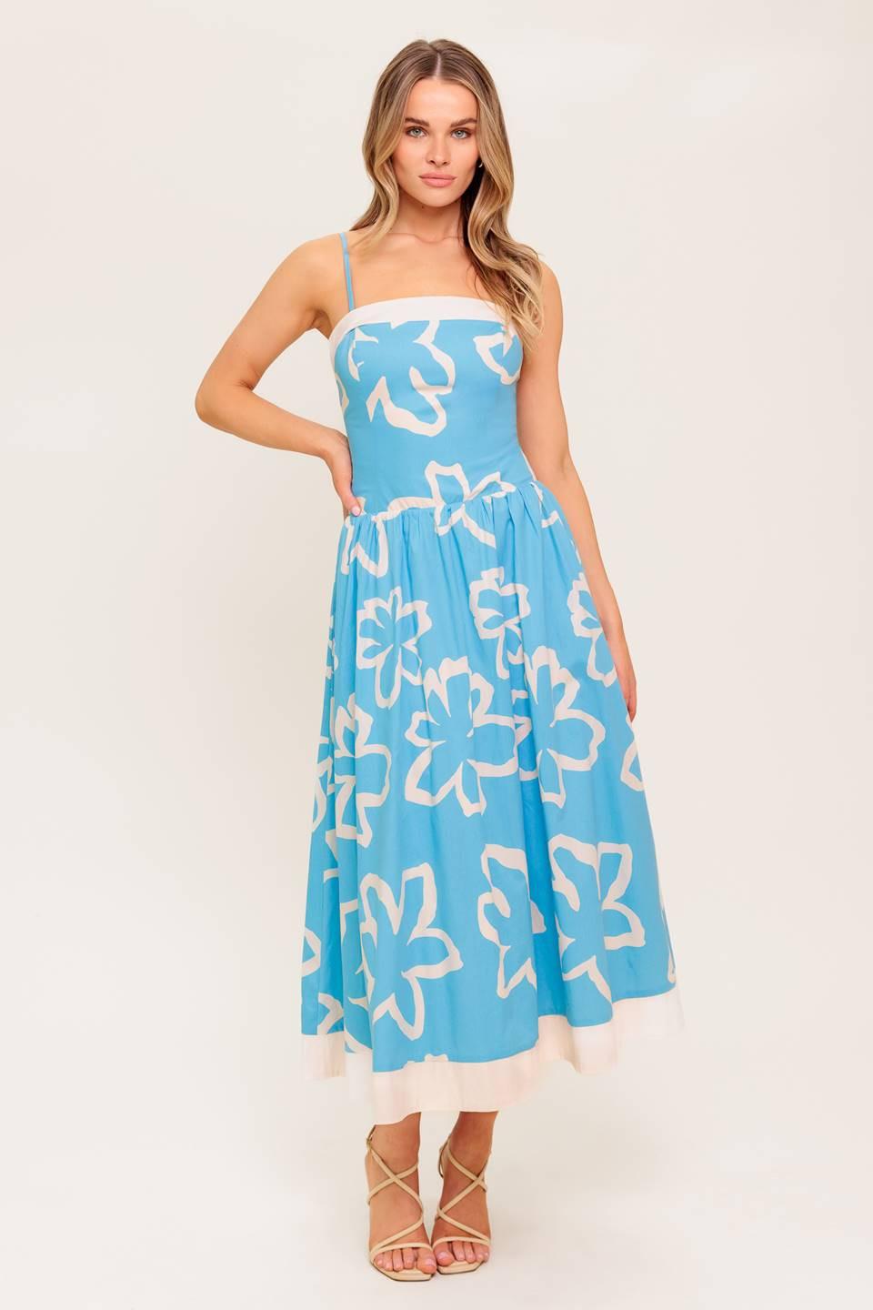 SERENE PETALS BLUE WOVEN MIDI DRESS