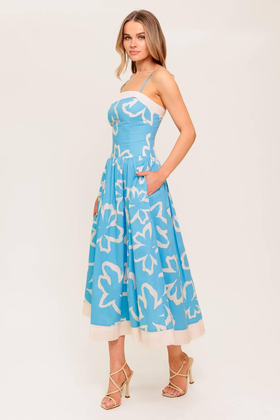 SERENE PETALS BLUE WOVEN MIDI DRESS