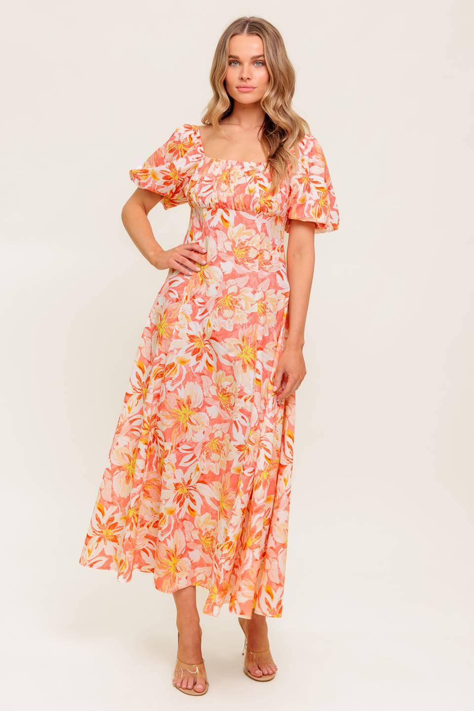 OCEAN FLORALS CORAL WOVEN MIDI DRESS