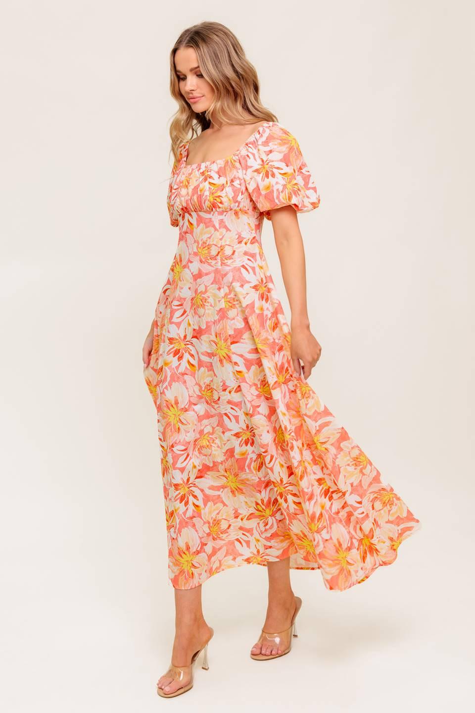 OCEAN FLORALS CORAL WOVEN MIDI DRESS