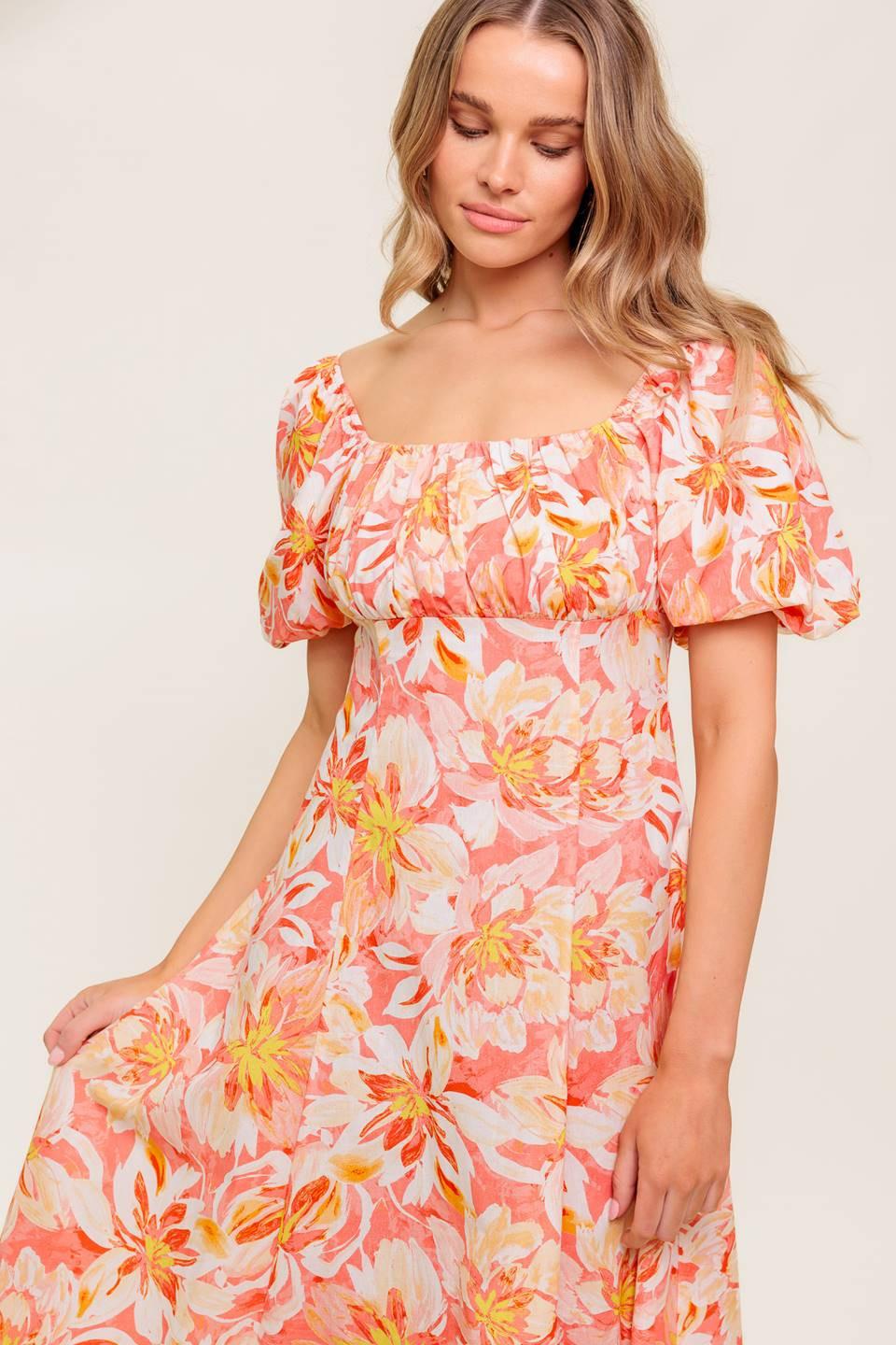 OCEAN FLORALS CORAL WOVEN MIDI DRESS