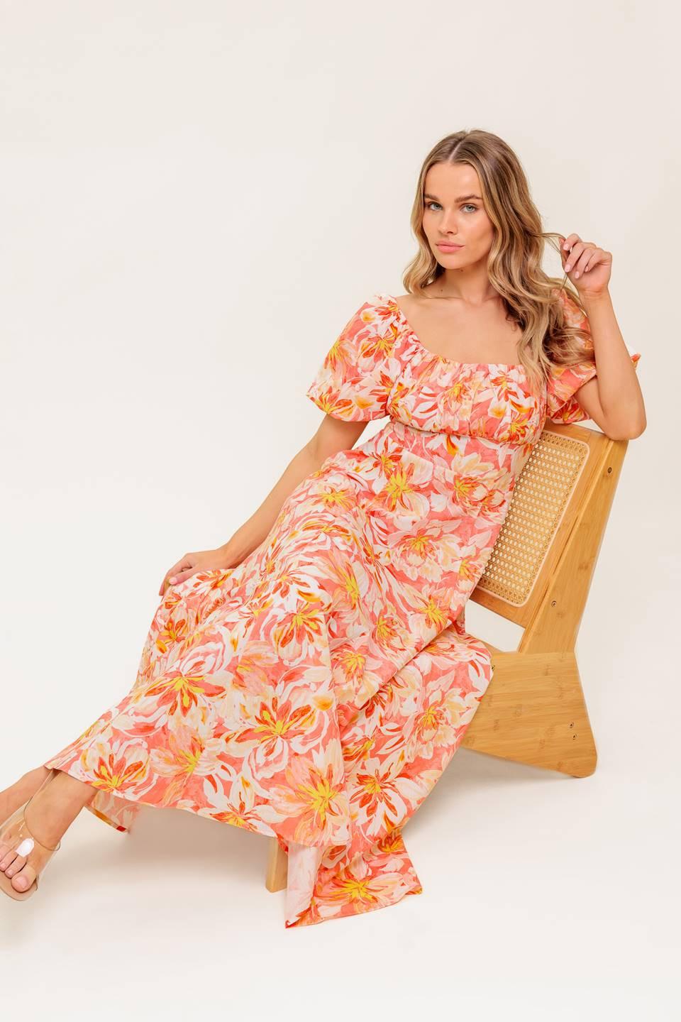 OCEAN FLORALS CORAL WOVEN MIDI DRESS