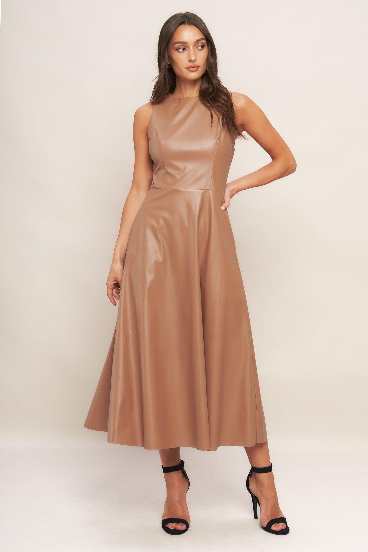 BARE SOPHISTIQUE FAUX LEATHER MIDI DRESS