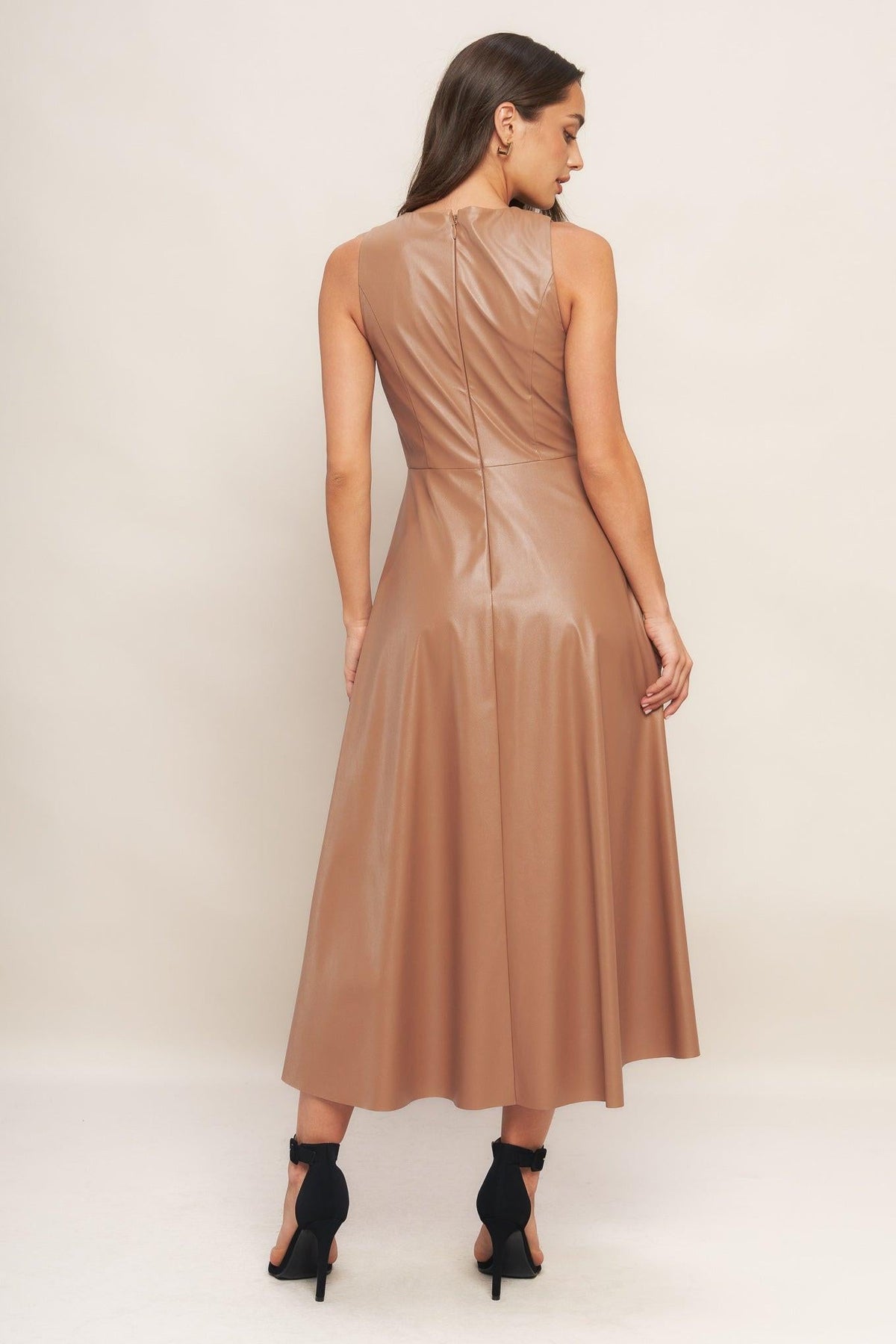 BARE SOPHISTIQUE FAUX LEATHER MIDI DRESS