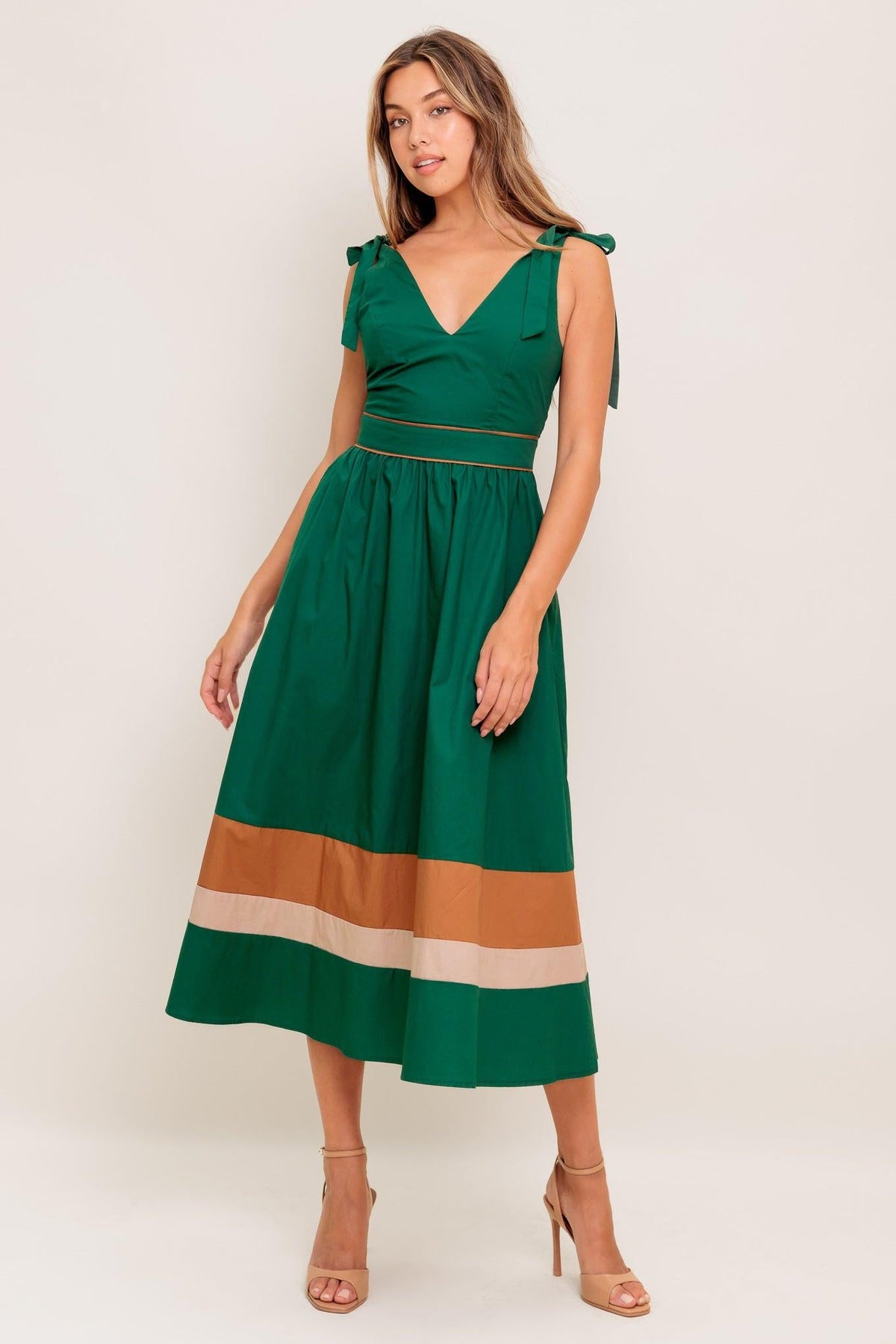FOREST CHARM WOVEN COLOR BLOCKED MIDI DRESS