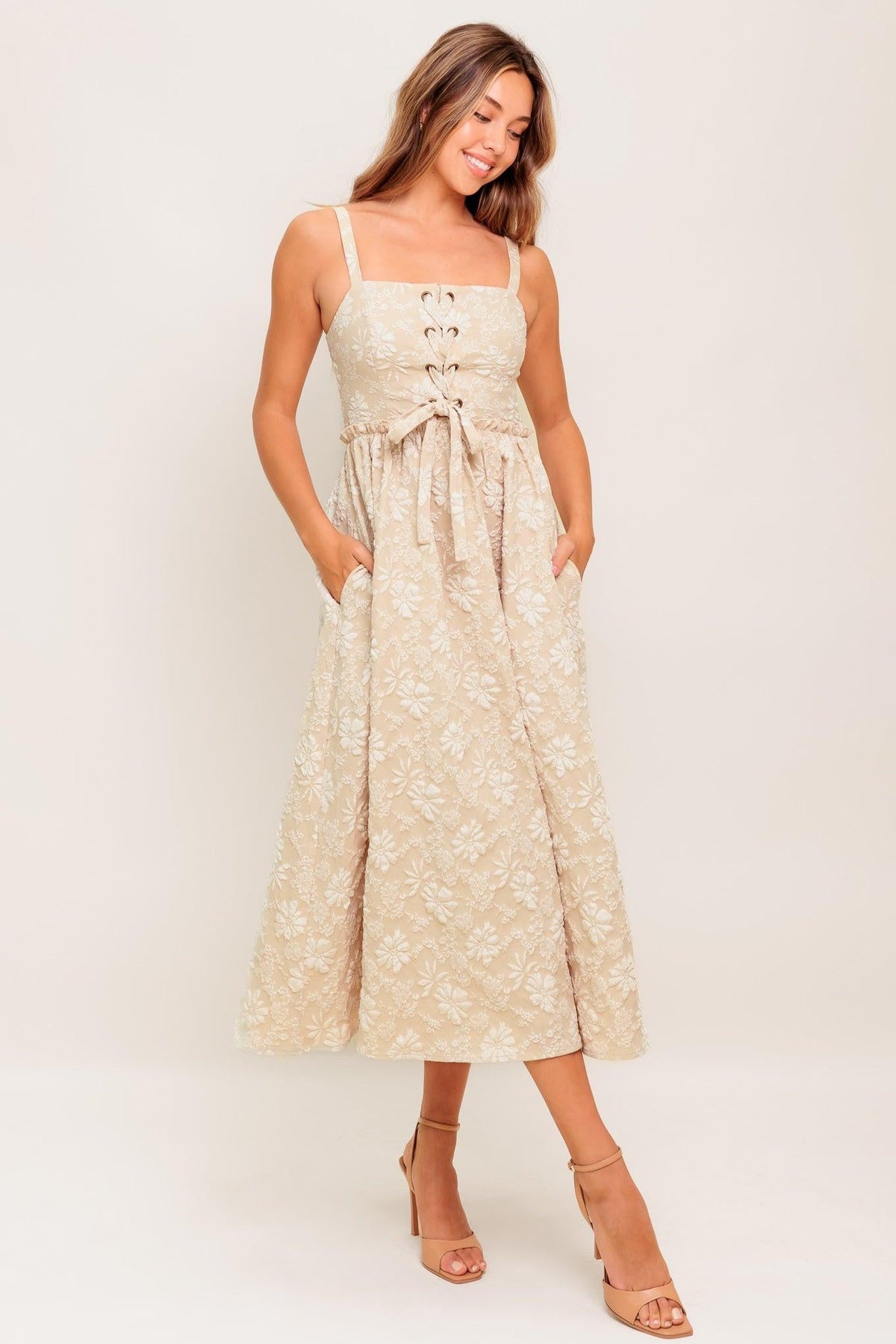 SOFT SUNSET STORY WOVEN MIDI DRESS