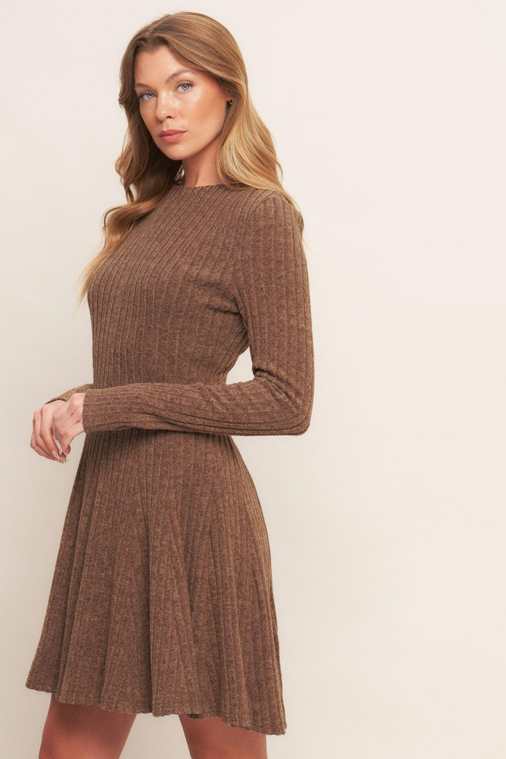 AUTUMN COFFEE BROWN KNIT MINI DRESS