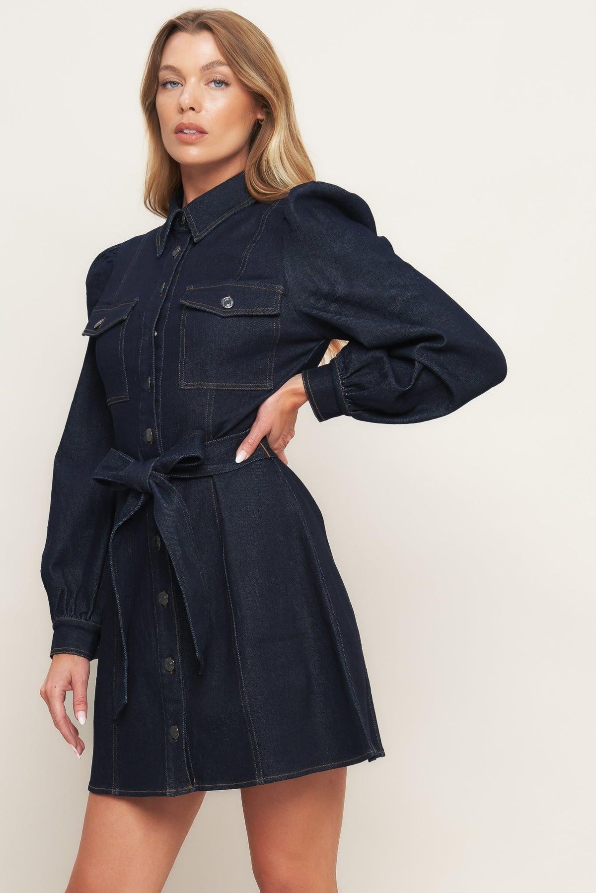 HOLIDAY DARK INDIGO DENIM MINI DRESS